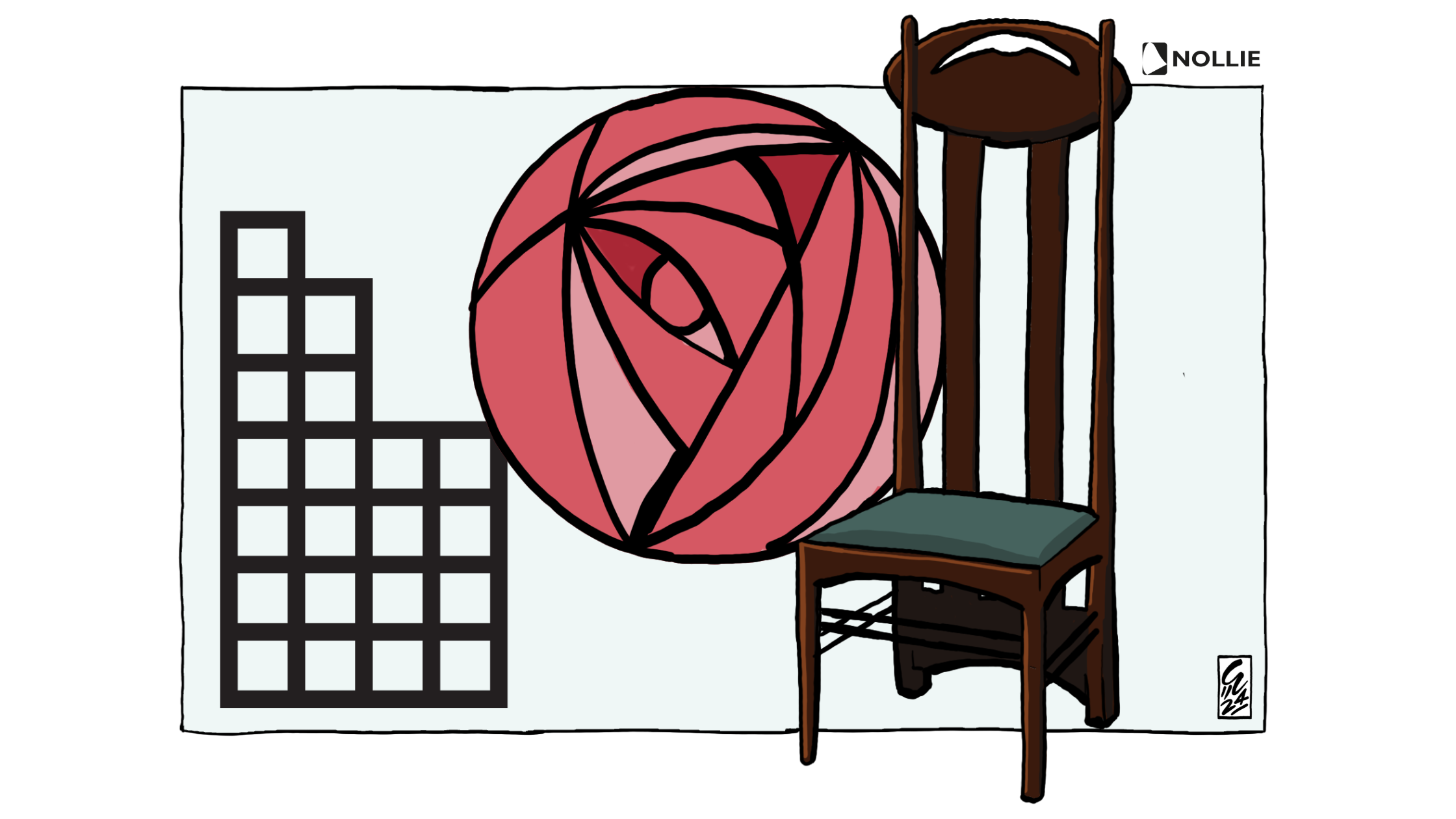 Image showing works from Charles Rennie Mackintosh. Designed by Connor O'Neill for Nollie Design. The image shows an Illustration of the Argyle Chair, the Mackintosh Rose Motif and Grid structures.