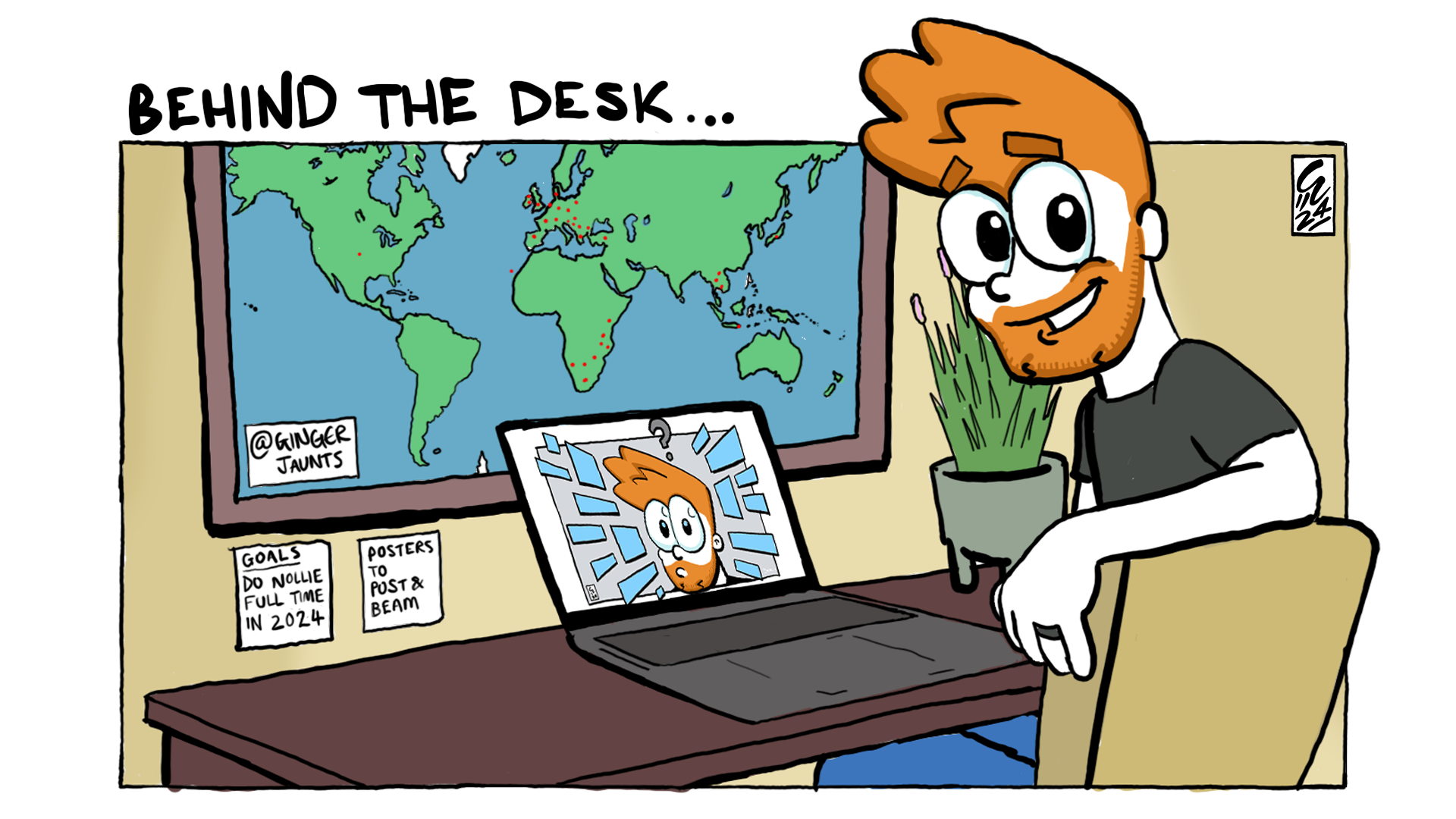 Illustration of a designer sitting at a desk with a world map in the background. The designer is looking at the viewer and smiling, with a laptop in front of him showing another illustration. Various personal items are pinned on the wall, including a goal to do Nollie Design full time in 2024, and posters to post and beam.